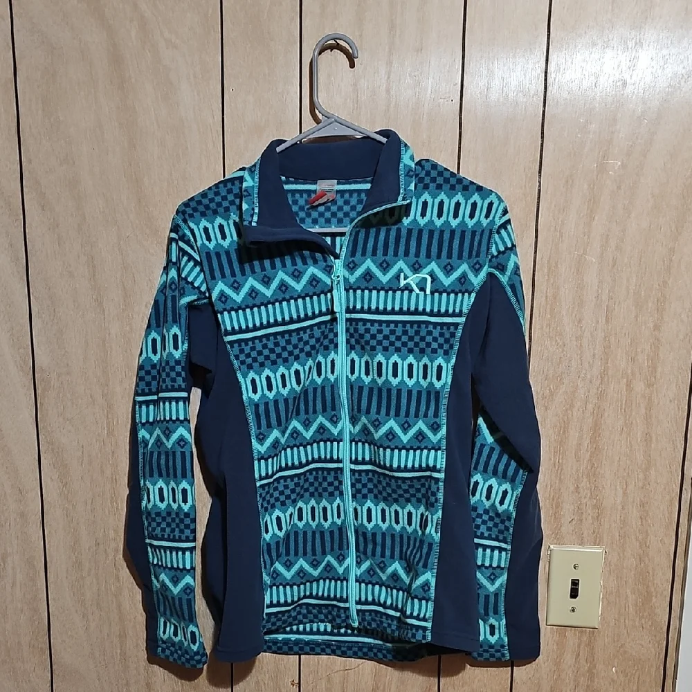 Kari Traa Nordic Print Full Zip Jacket Women’s Large Blue Teal Athletic Fleece - Picture 1 of 13